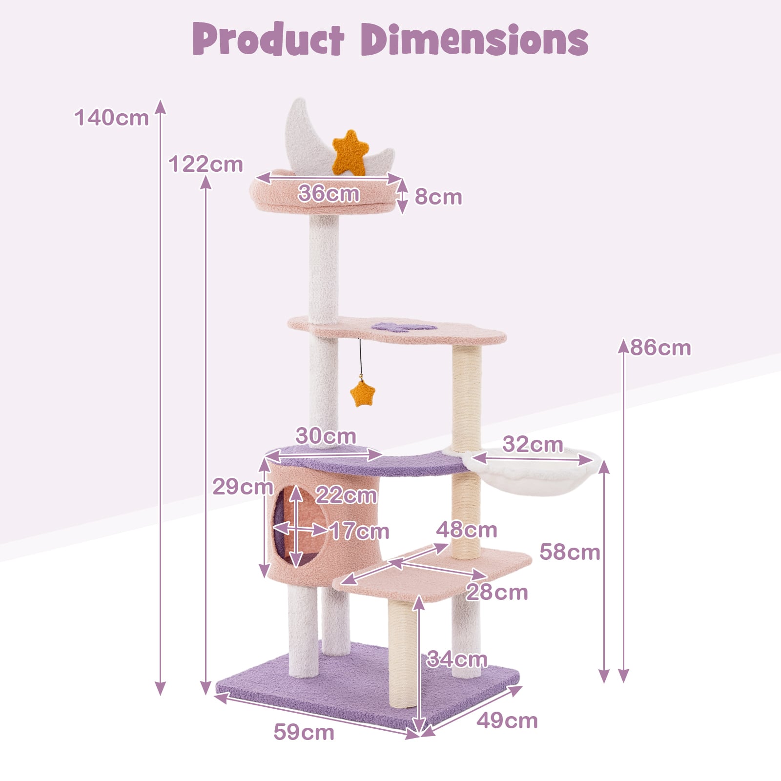 Multi-level Cute Cat Tree with Sisal Covered Scratching Posts and Condo-Purple