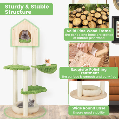 Wooden Cat Tree with Sisal Scratching Posts-Green