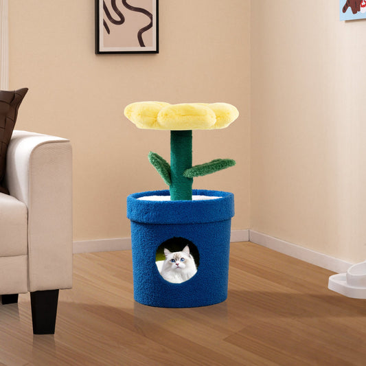 Cute Cat Tree for Indoor Cats with Flower Padded Perch and Planter Condo-Yellow