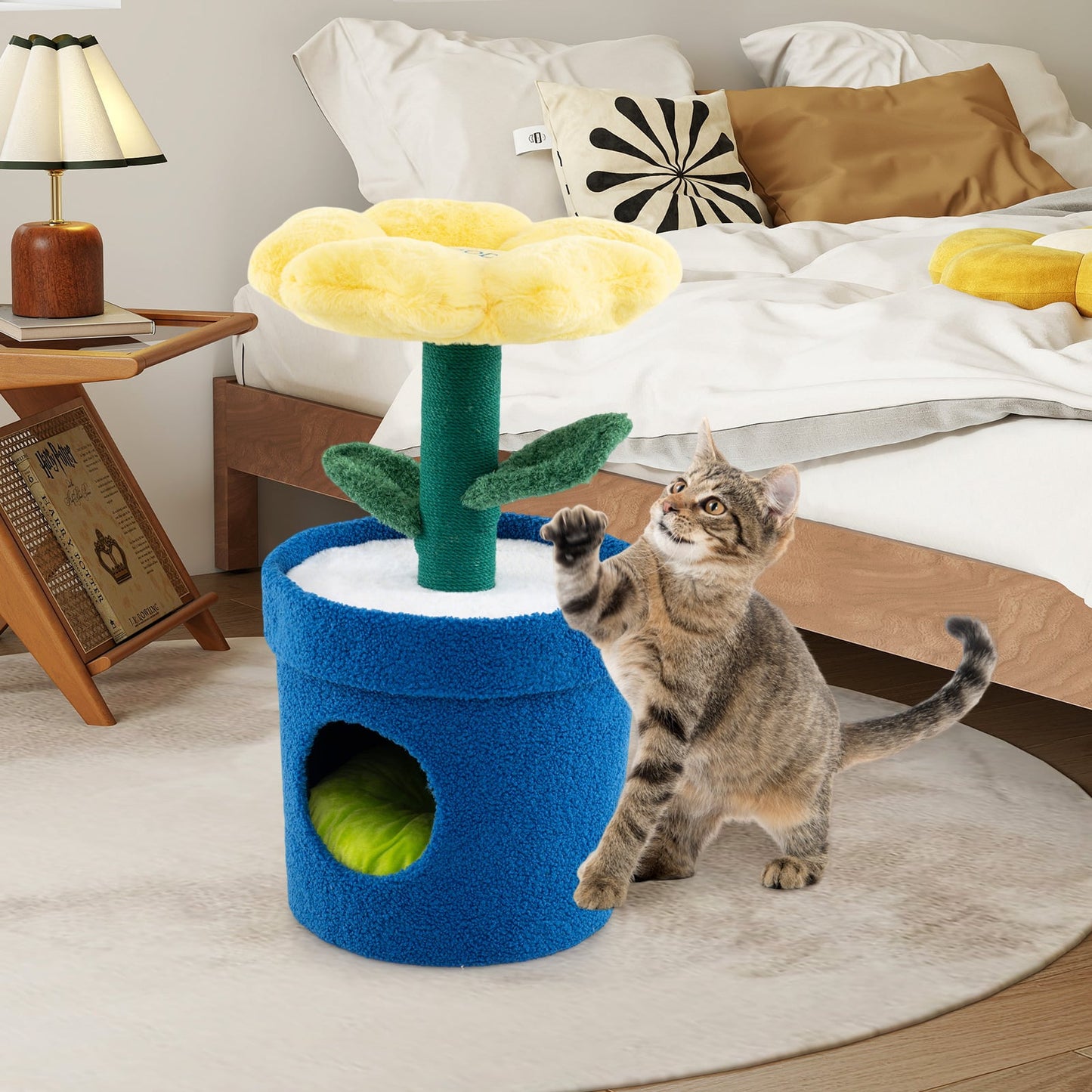 Cute Cat Tree for Indoor Cats with Flower Padded Perch and Planter Condo-Yellow