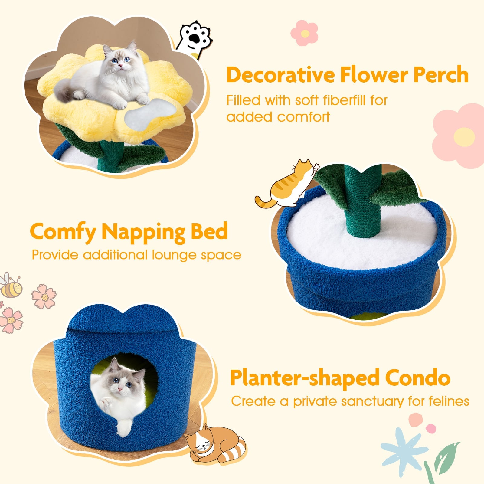 Cute Cat Tree for Indoor Cats with Flower Padded Perch and Planter Condo-Yellow