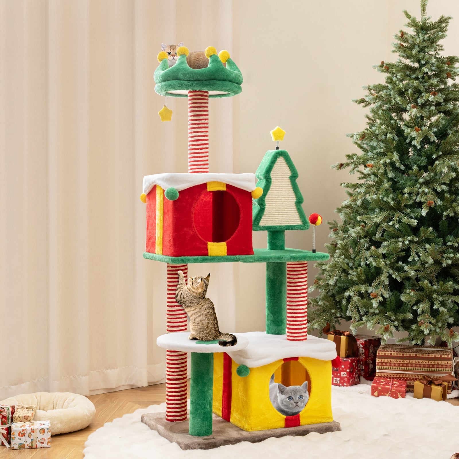 Cute Christmas Cat Tree Large Cat Tower with Sisal Scratching Posts and Carpe-Multicolor