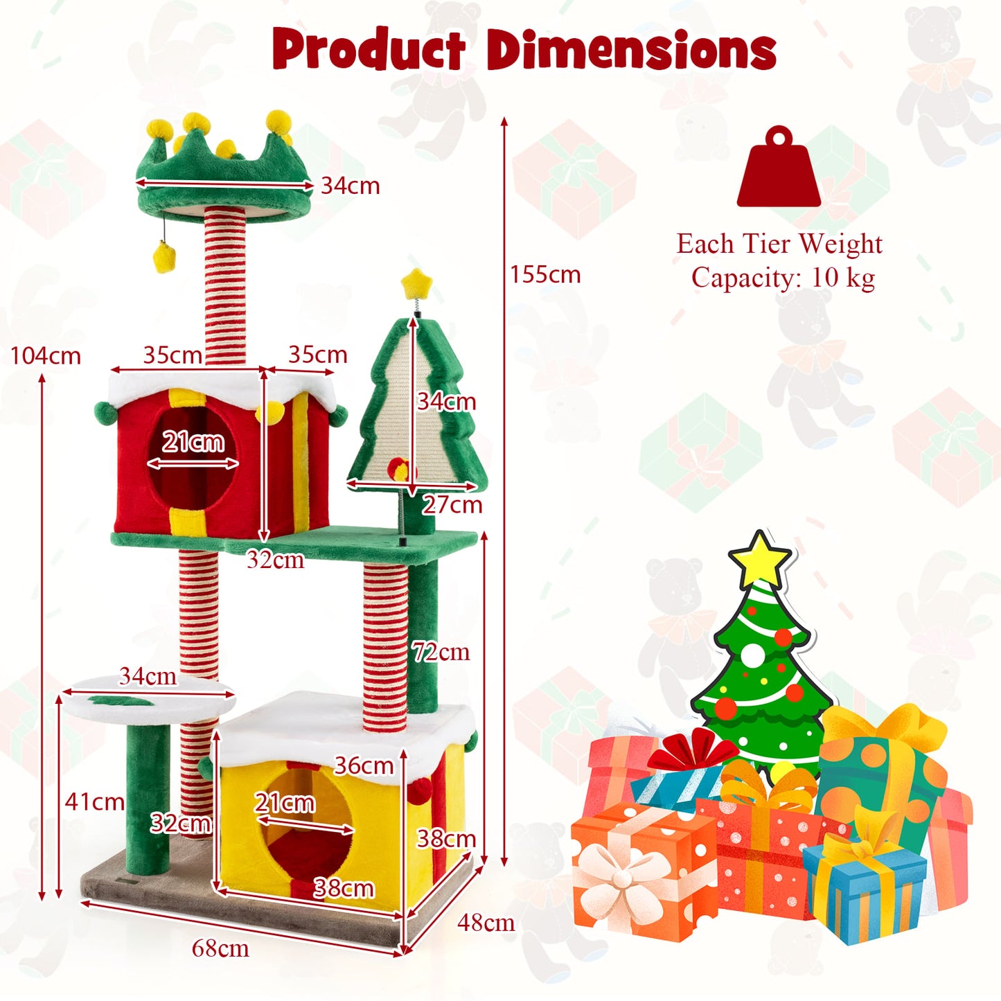 Cute Christmas Cat Tree Large Cat Tower with Sisal Scratching Posts and Carpe-Multicolor