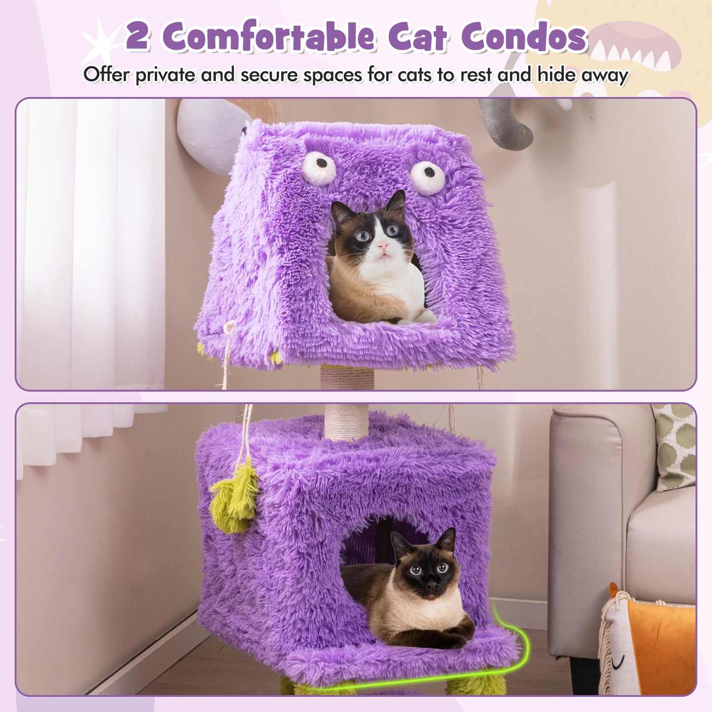 Cute Monster-Themed Cat Tower with 2 Private Condos and Soft Long Plush-Purple