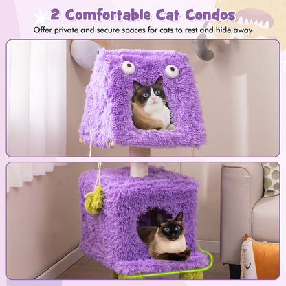 Cute Monster-Themed Cat Tower with 2 Private Condos and Soft Long Plush-Purple