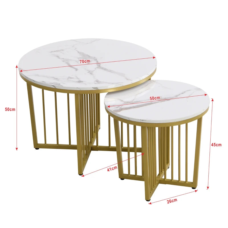 Modern Nesting Coffee Table Set, High Gloss Marble Look with Golden Iron Legs, 2 Piece Set, White