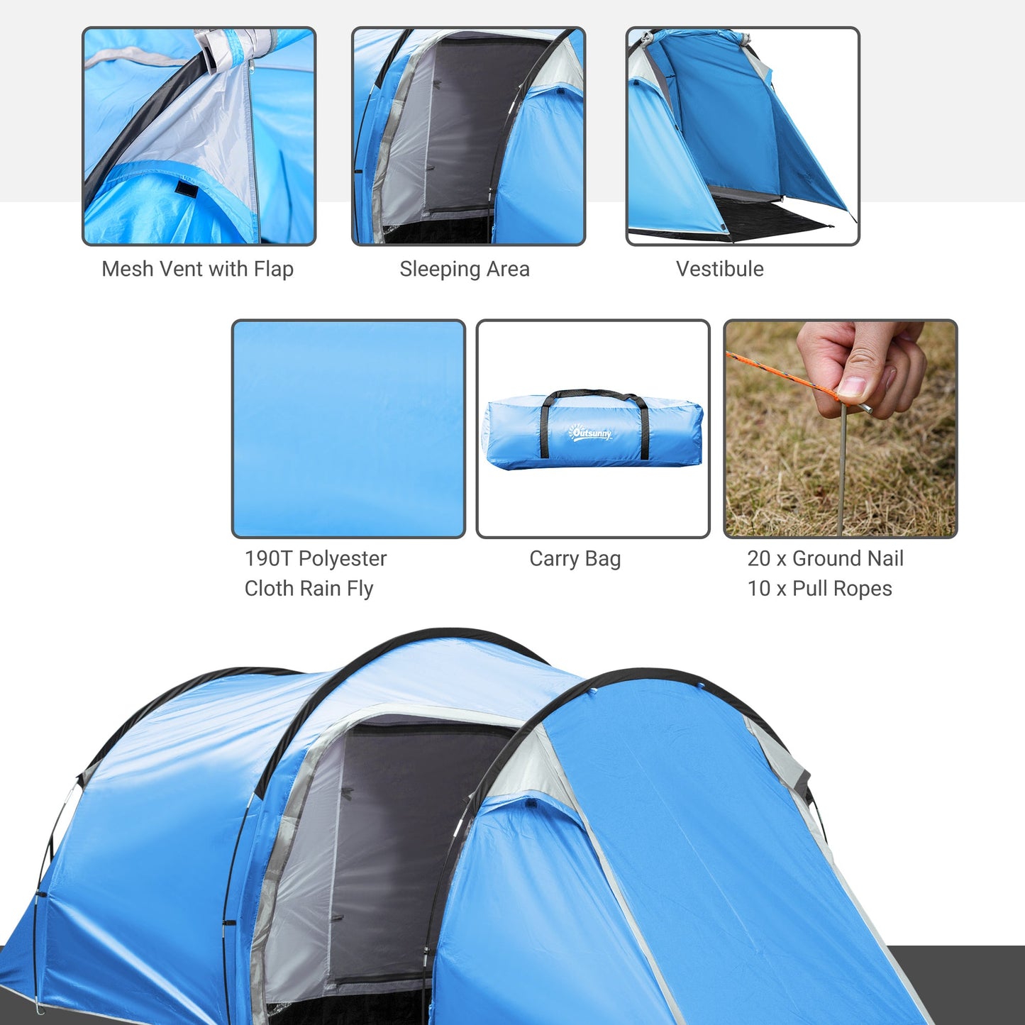 خيمة تخييم Outsunny 2-3 Man Tunnel Tent مع فتحات تهوية للشرفة وغطاء مقاوم للطقس وصيد الأسماك والمشي لمسافات طويلة والمهرجانات والمنزل