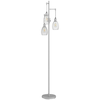 HOMCOM 170.5cm Industrial Dimmable Standing Lamp, 3-Light Floor Lamp with Steel Wire Cage Lampshades, Silver Tone