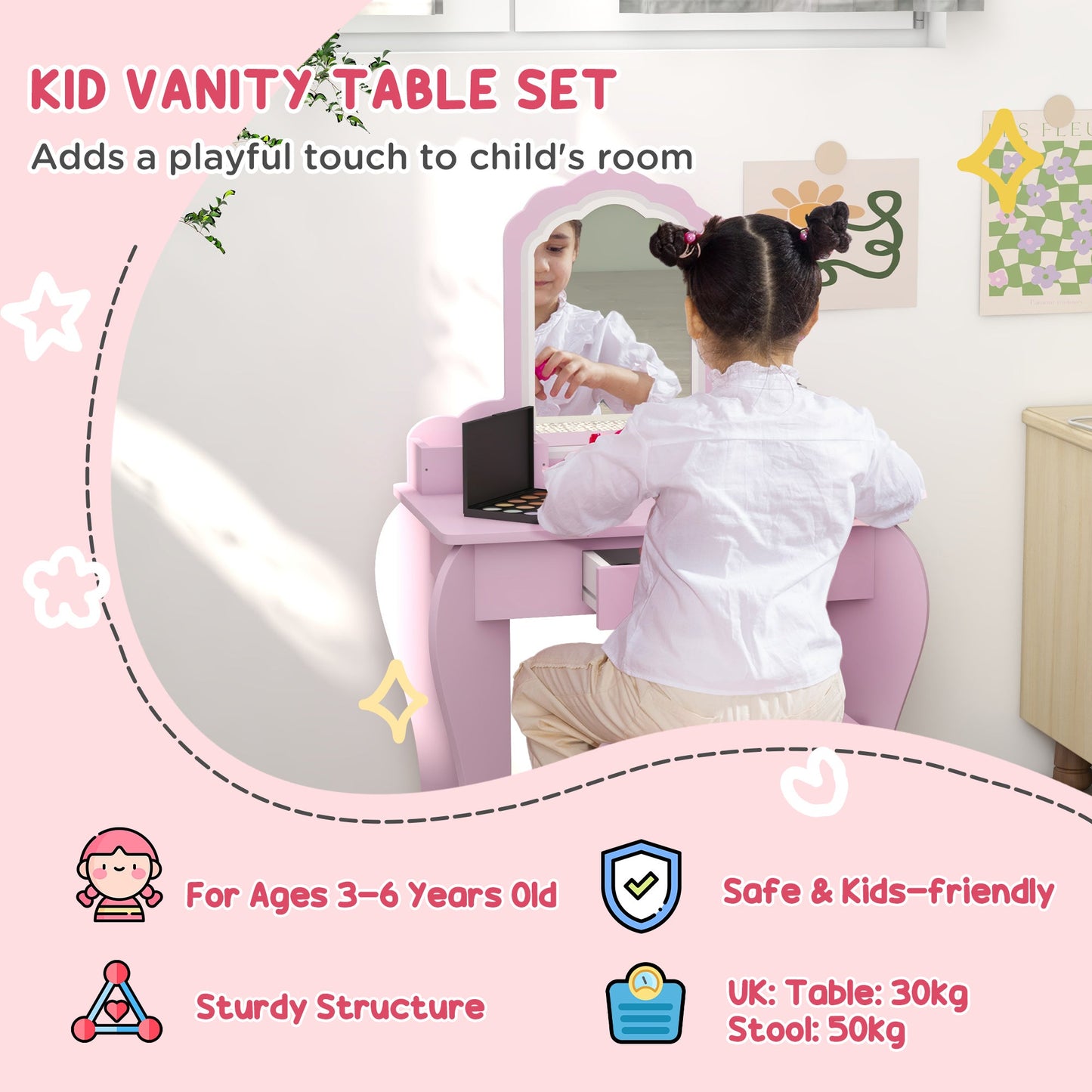ZONEKIZ Kids Vanity Table with Mirror and Stool, Cloud Design, Drawer, Storage Boxes, for 3-6 Years Old - Pink