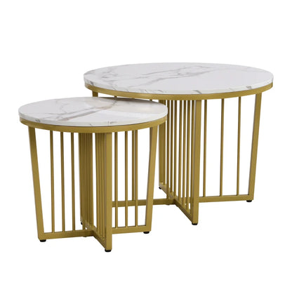 Modern Nesting Coffee Table Set, High Gloss Marble Look with Golden Iron Legs, 2 Piece Set, White