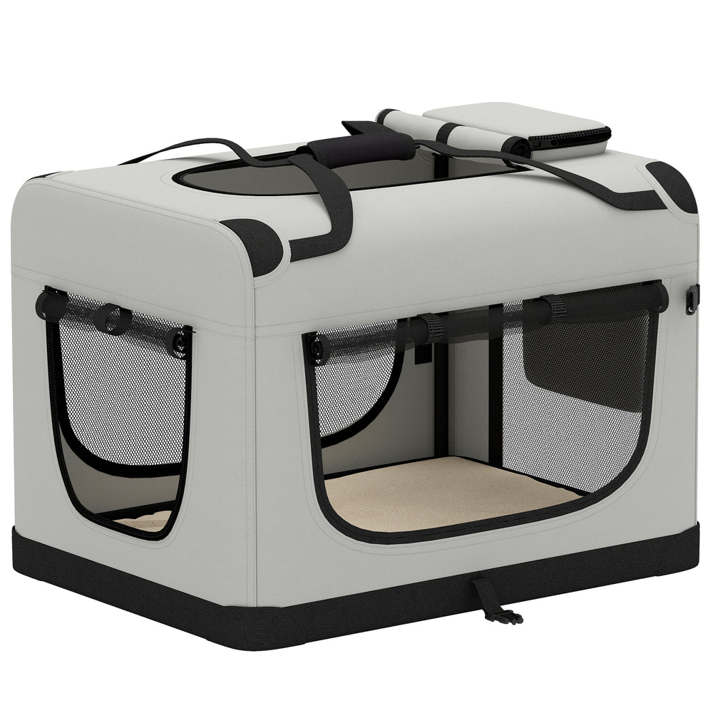 PawHut Pet Carrier Bag, Soft-Sided Dog Carrier with Security Buckle Strap, Washable Cushion and Folded Bowl, Light Grey