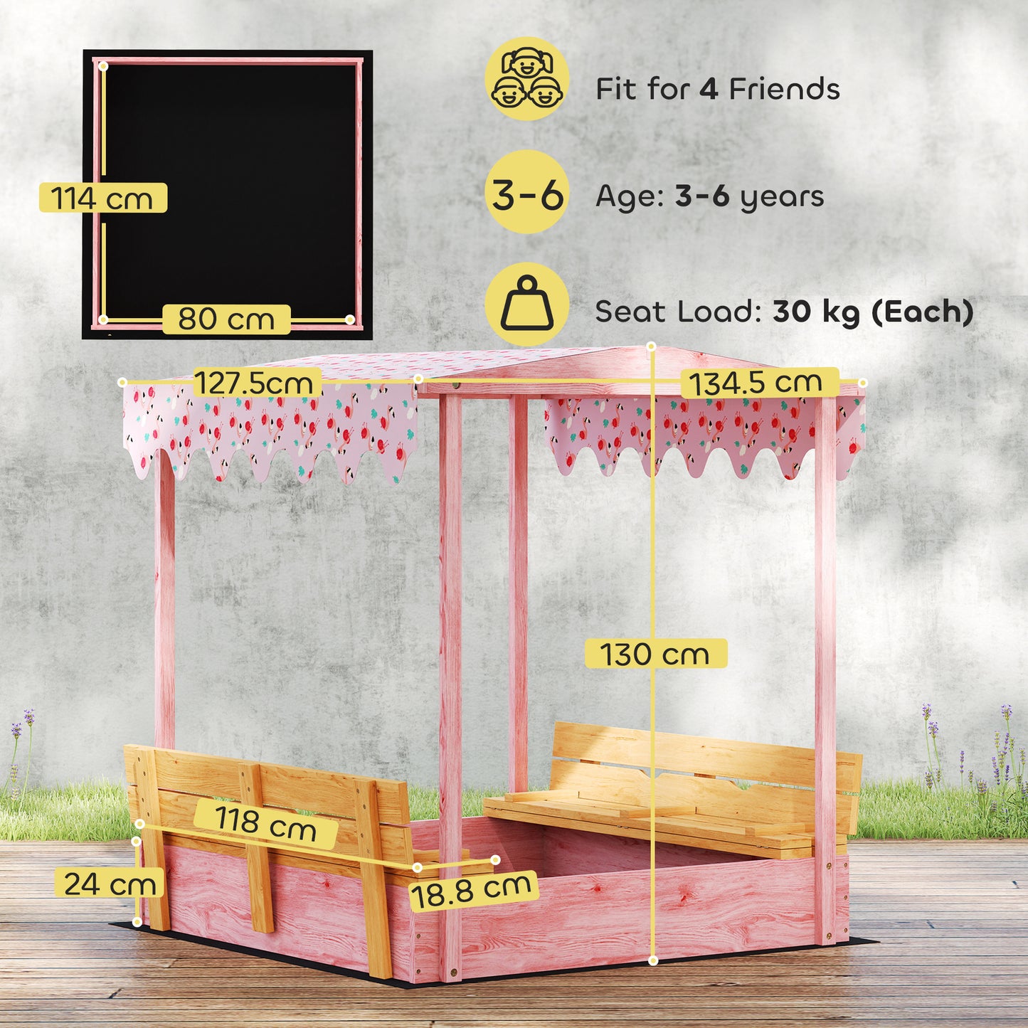AIYAPLAY Wooden Sandbox with Lid, Flamingos Print Canopy, Kids Outdoor Sand Pit with Foldable Bench Seats, Bottom Liner, Pink