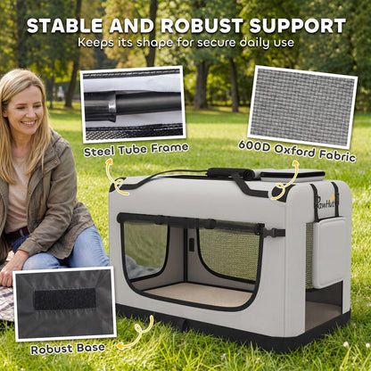 PawHut Pet Carrier Bag, Soft-Sided Dog Carrier with Security Buckle Strap, Washable Cushion and Folded Bowl, Light Grey