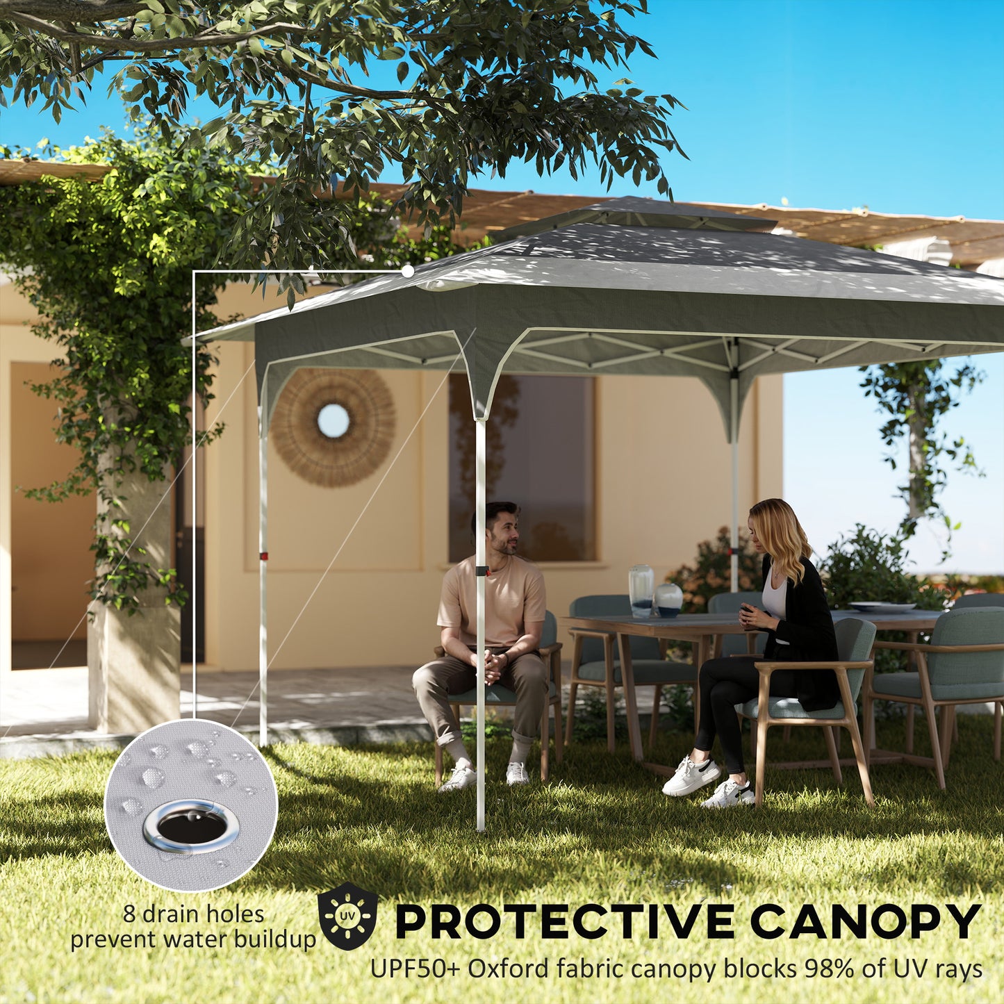 Outsunny 3.5 x 3.5 m Pop Up Gazebo with One-Push Setup, UPF50+ Double Tier Garden Party Tent Marquee with Carry Bag, Dark Grey