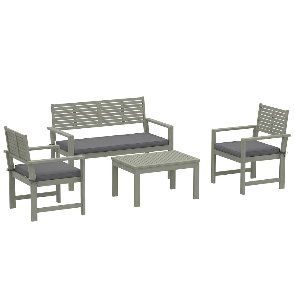 Outsunny 4 Seater Wooden Garden Furniture Set with Loveseat, Armchairs, Table, Acacia Wood Garden Sofa Set, Light Grey