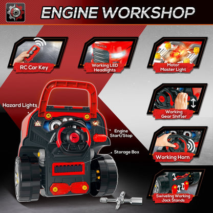 HOMCOM Kids Truck Engine Toy Set, Toddler Educational Car Service Station Playset, Take Apart Workshop, w/ RC Car Key, Steering wheel, Horn, Light, for 3-5 Years Old Red