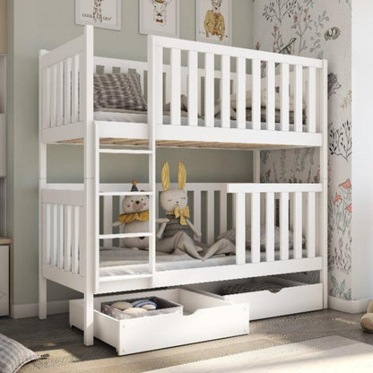 White bunk bed with storage drawers in a room setting