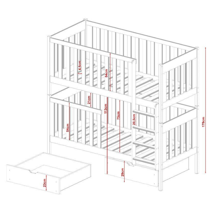Measurement chart of a wooden bunk bed with dimensions labeled in millimeters.