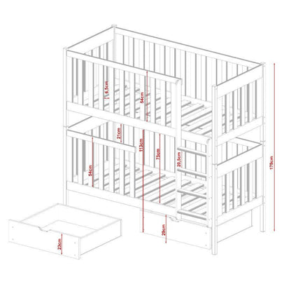 Measurement chart of a wooden bunk bed with dimensions labeled in millimeters.