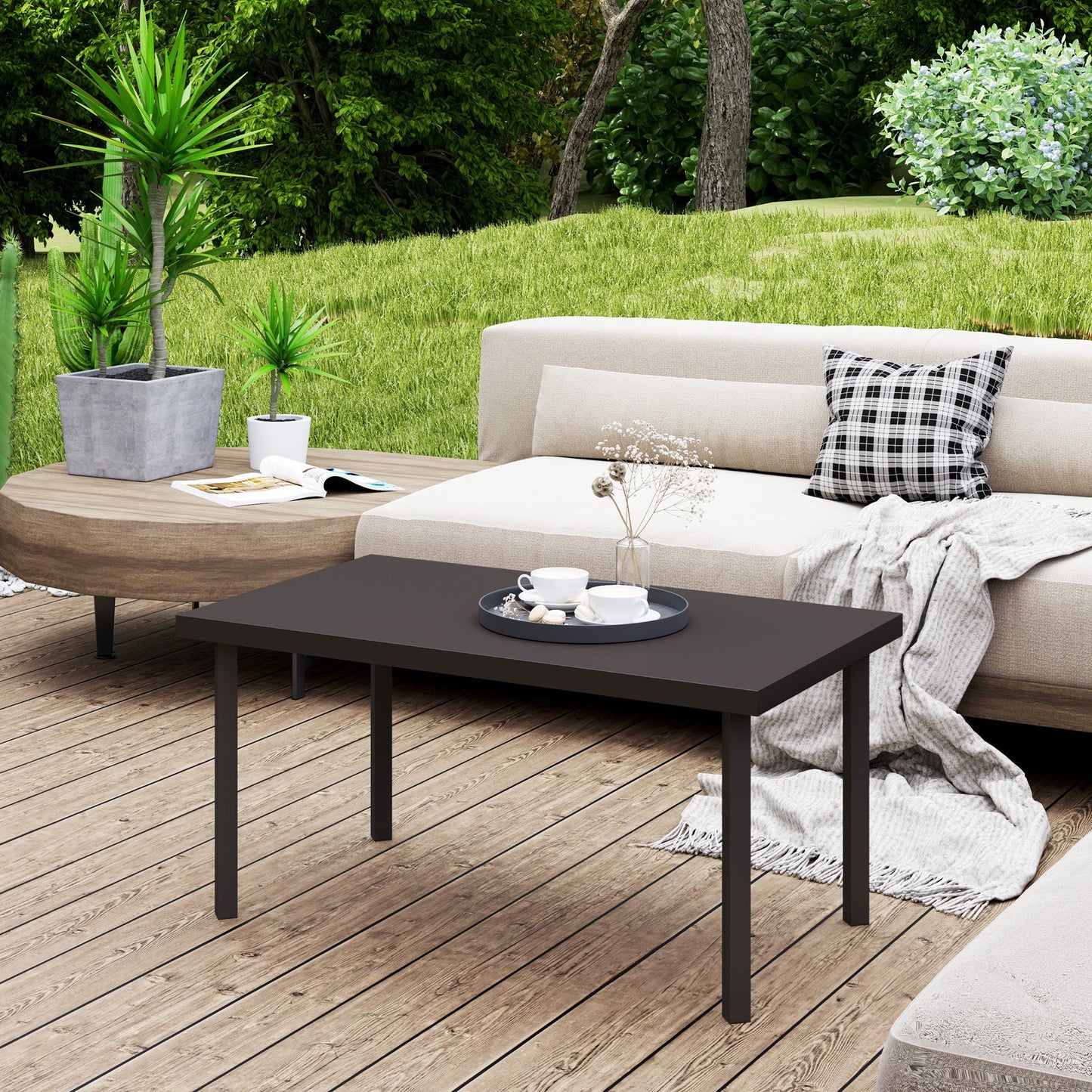 Outsunny Metal Garden Coffee Table, Rectangular Outdoor Side Table with Woodgrain Tabletop, Foot Pads for Outside, Garden, Balcony, Porch, 95 x 55 x 46cm, Brown