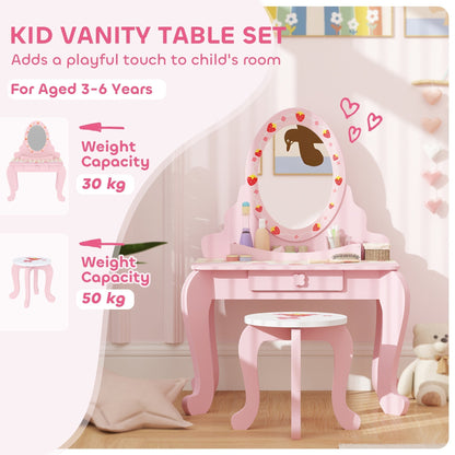 AIYAPLAY Kids Dressing Table Set, Vanity Table with Stool, Mirror, Drawer, Desktop, Storage, Strawberry-Theme, Pink