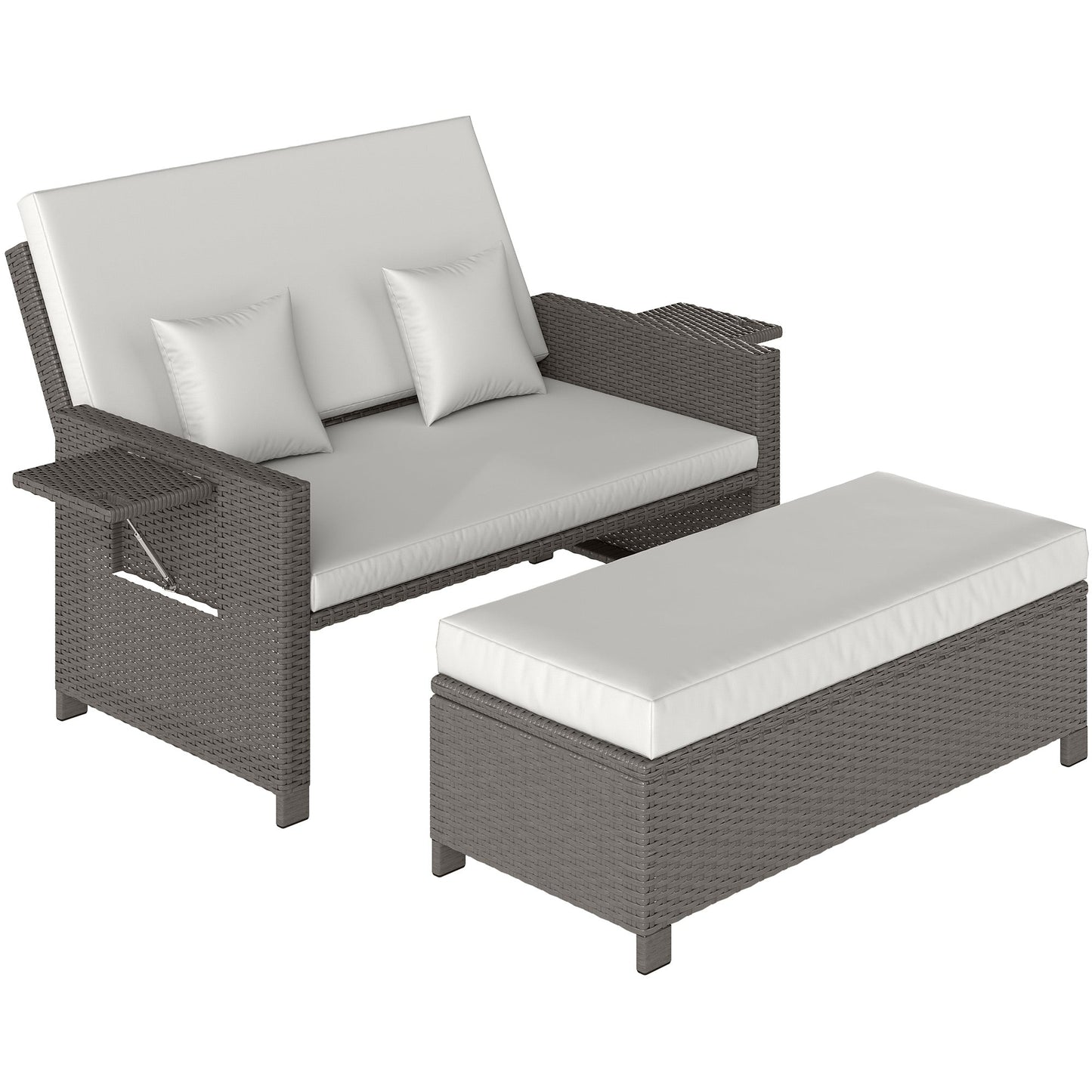 Outsunny Rattan Day Bed, with Footstool - Light Grey