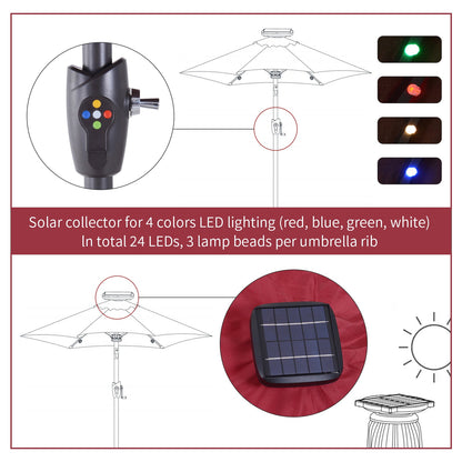 Outsunny a2.7m Garden 24 LED Light Parasol Solar Outdoor Tilt Sun Umbrella Patio Club Party Event Manual Sun Shade w/ Hand Crank and 8 Ribs, Red