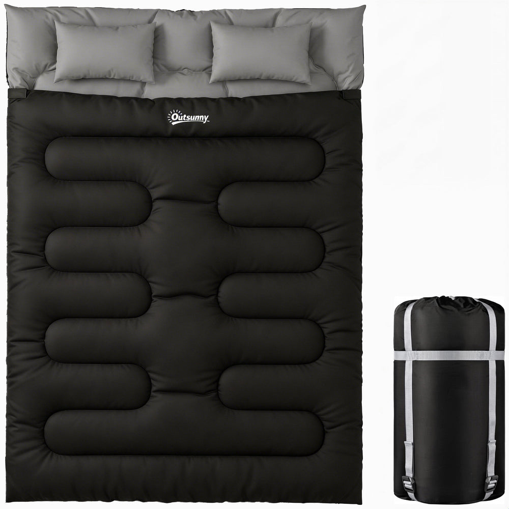 Outsunny Double Sleeping Bag with 2 Pillows, 220 x 160 cm Extra-Large Sleeping Bag for Adults, Black