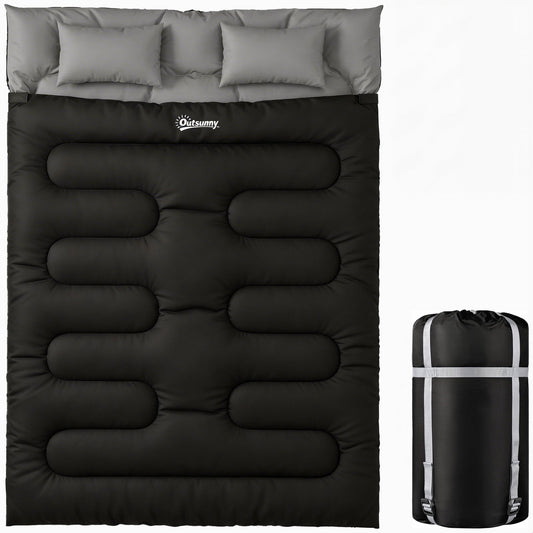 Outsunny Double Sleeping Bag with 2 Pillows, 220 x 160 cm Extra-Large Sleeping Bag for Adults, Black