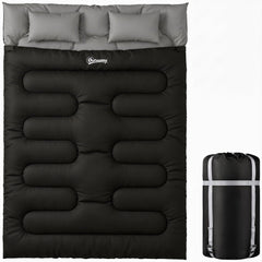 Outsunny Double Sleeping Bag with 2 Pillows, 220 x 160 cm Extra-Large Sleeping Bag for Adults, Black