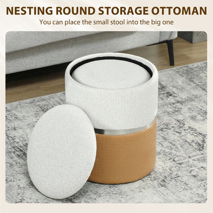 HOMCOM Nesting Round Ottoman with Storage Set of 2 - Cream/Brown