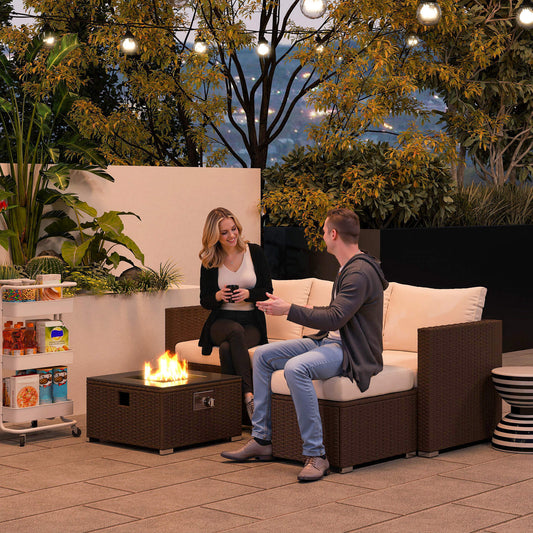 Outsunny Five Piece Rattan Garden Furniture Set with Gas Fire Pit Table and Footstool - Brown and Cream White