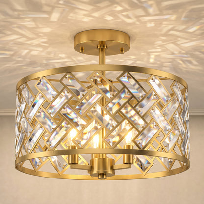 HOMCOM 3-Light Crystal Glass Ceiling Light, Modern Ceiling Lamp w/ 3 E14 Sockets for Living Room, Bulb Not Included, Gold Tone