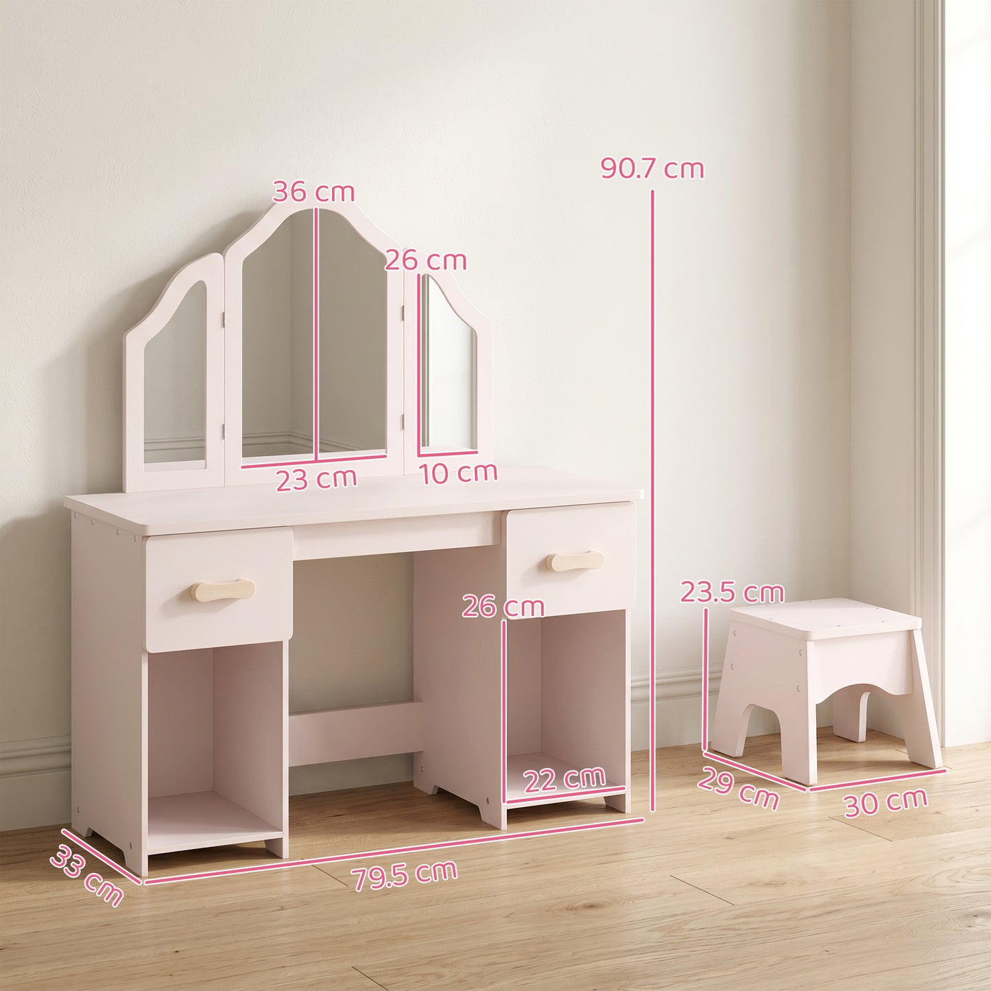 AIYAPLAY Kids Dressing Table, Kids Vanity Table and Chair Set with Tri-Folding Mirror, 2 Drawers, 2 Cabinets for Girls 3+, Pink