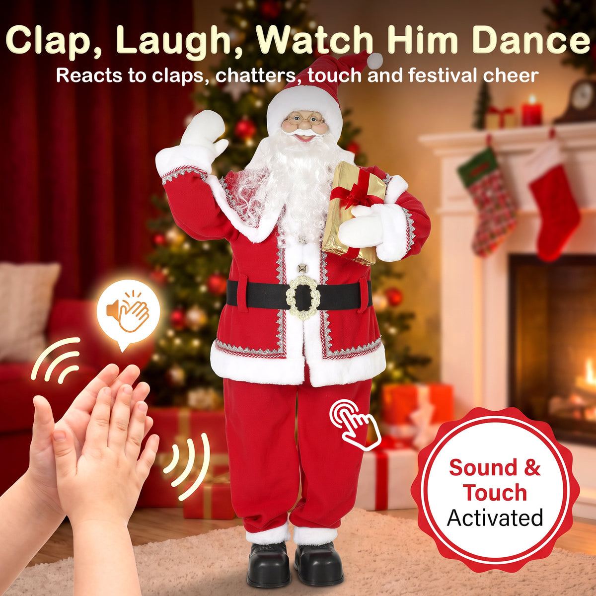 HOMCOM 5ft Life Size Singing Santa Claus, Animated Santa with Rotating Head, Waving Hand, Posable Arms, Sound Touch Activated
