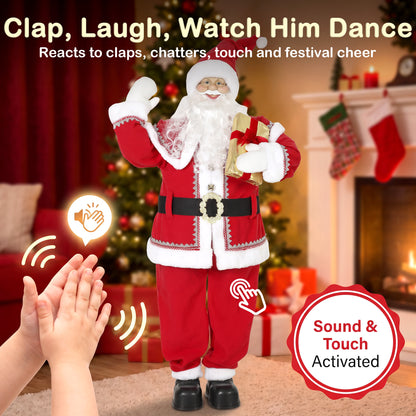 HOMCOM 5ft Life Size Singing Santa Claus, Animated Santa with Rotating Head, Waving Hand, Posable Arms, Sound Touch Activated