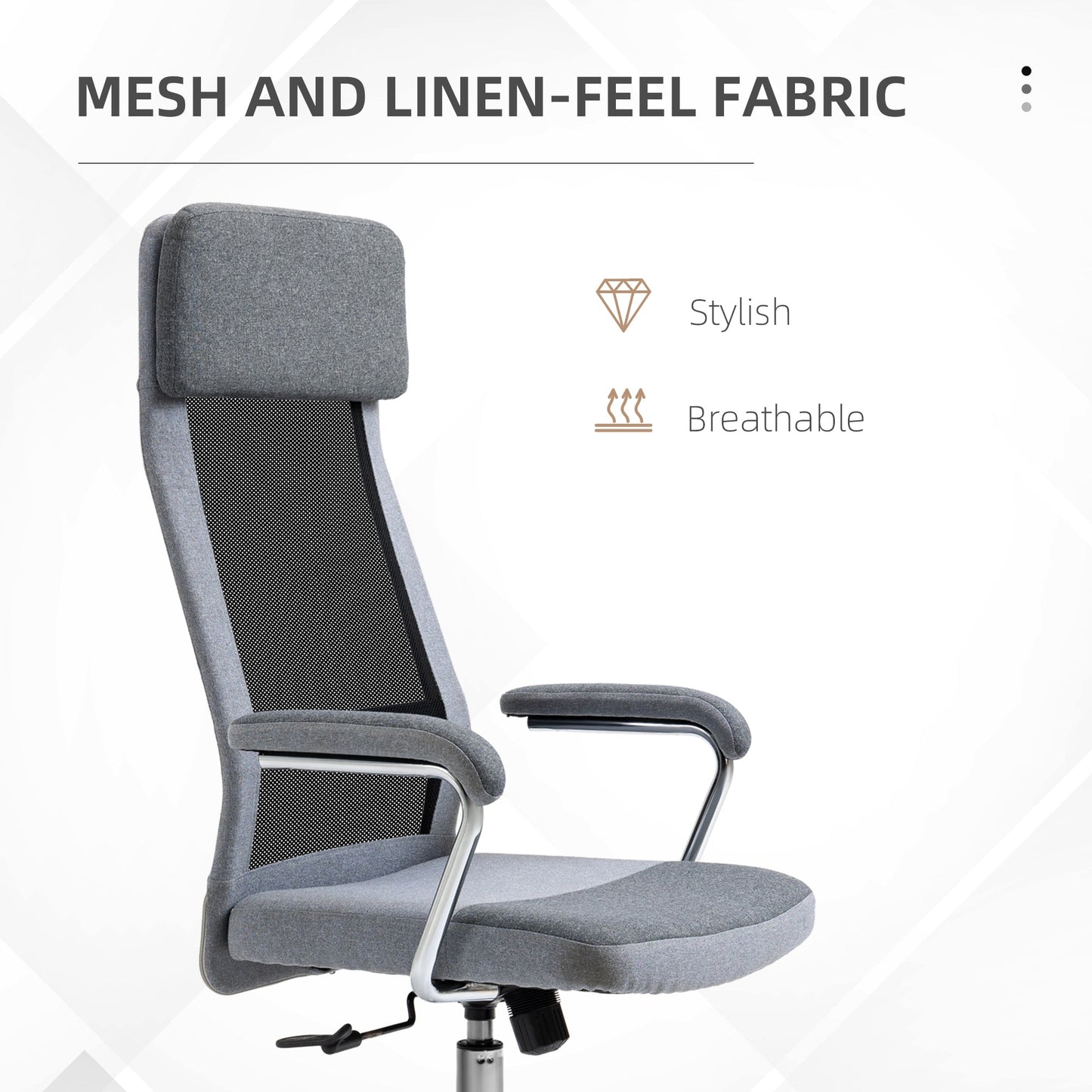 Vinsetto Office Chair Linen-Feel Mesh Fabric High Back Swivel Computer Task Desk Chair for Home with Arm, Wheels, Grey