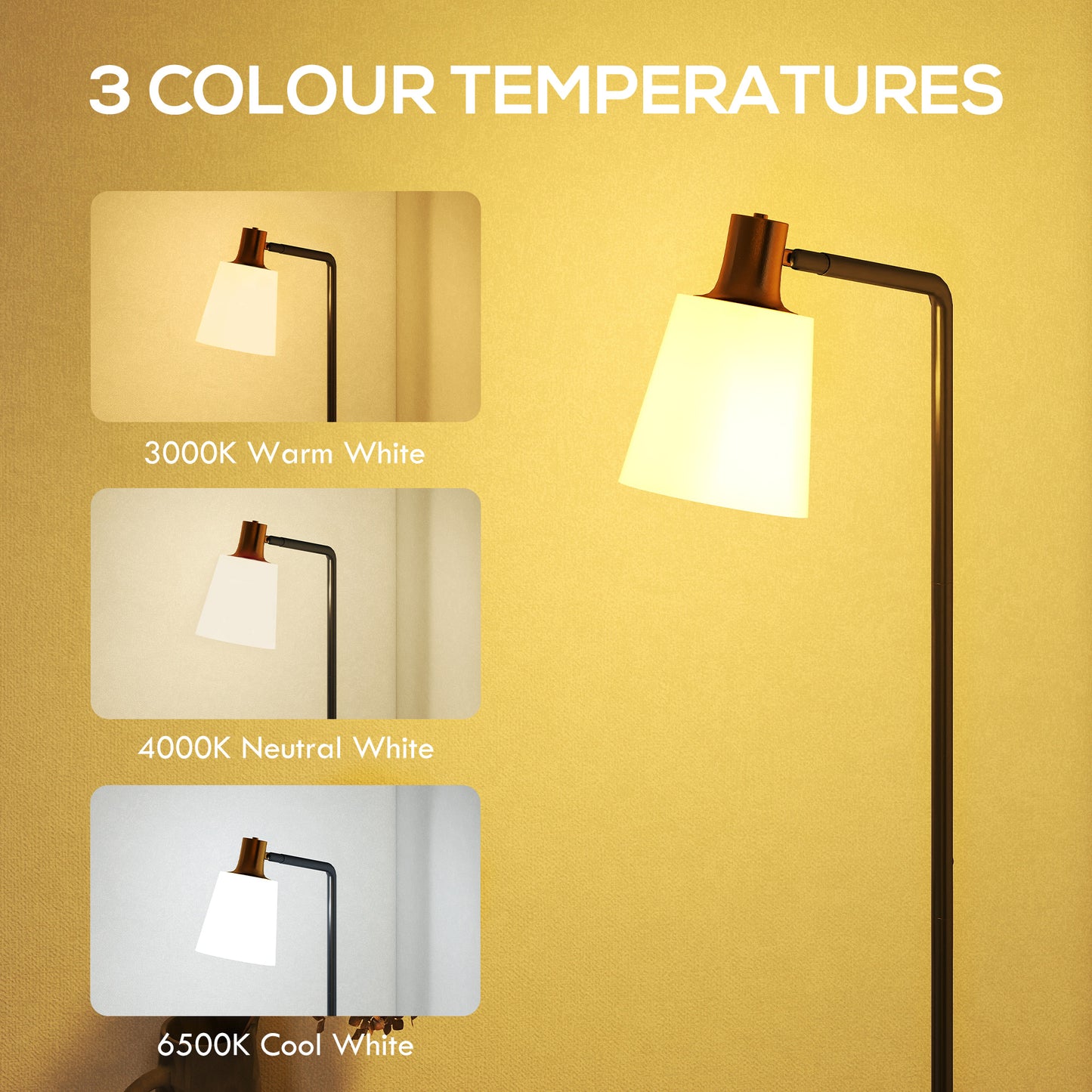 HOMCOM Floor Lamp with 350Â° Rotatable Head, Modern Standing Lamp with 3000K/4000K/6500K Colour Temperatures for Living Room Bedroom Office, Black