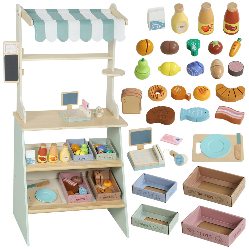 AIYAPLAY Wooden Toy Shop, Wooden Market Stall with Cash Register, Blackboard and Toy Food, 4 Storage Boxes, Ages 3+, Green