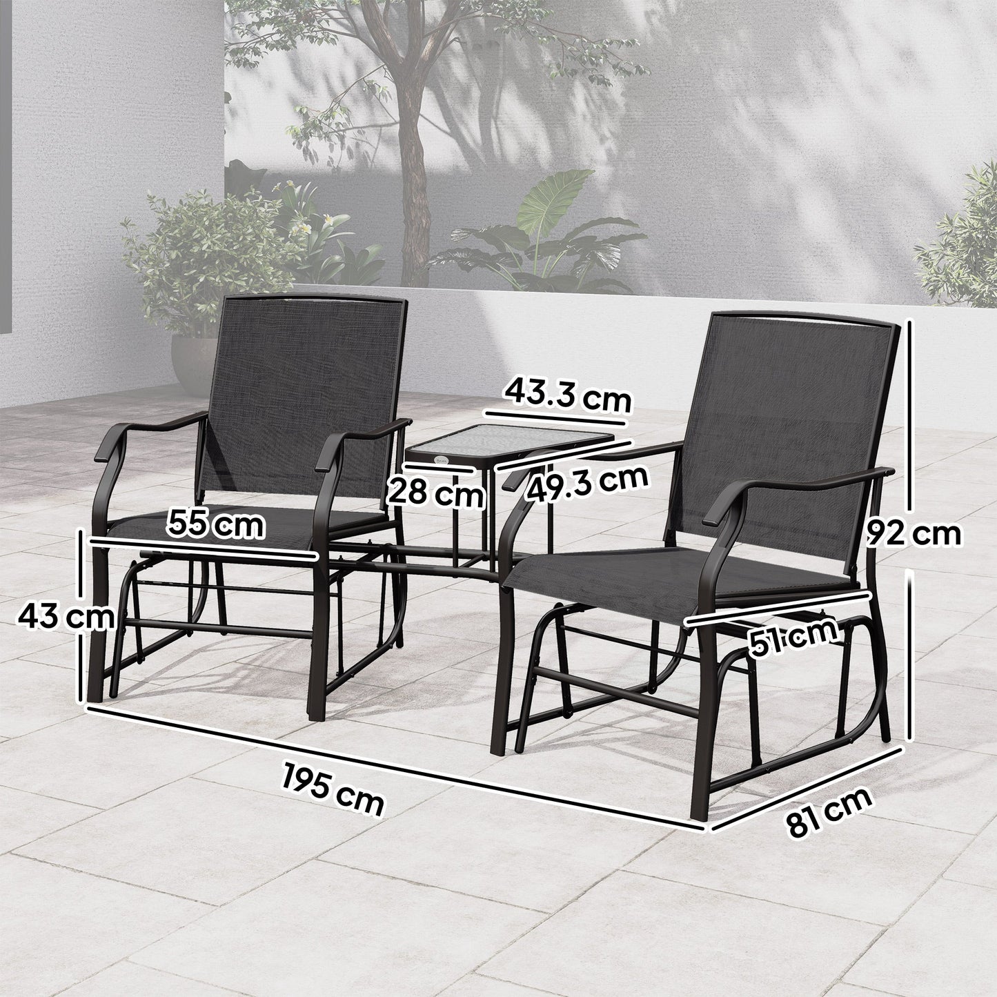 Outsunny Gliding Jack and Jill Seat, with Glass-Top Table - Black