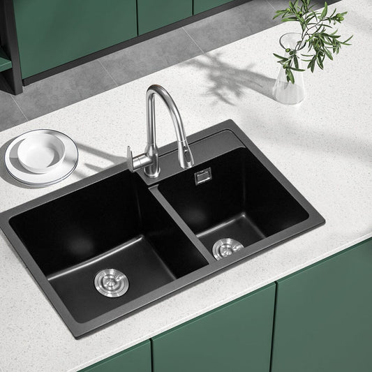 Undermount Double Bowl Quartz Kitchen Sink Black