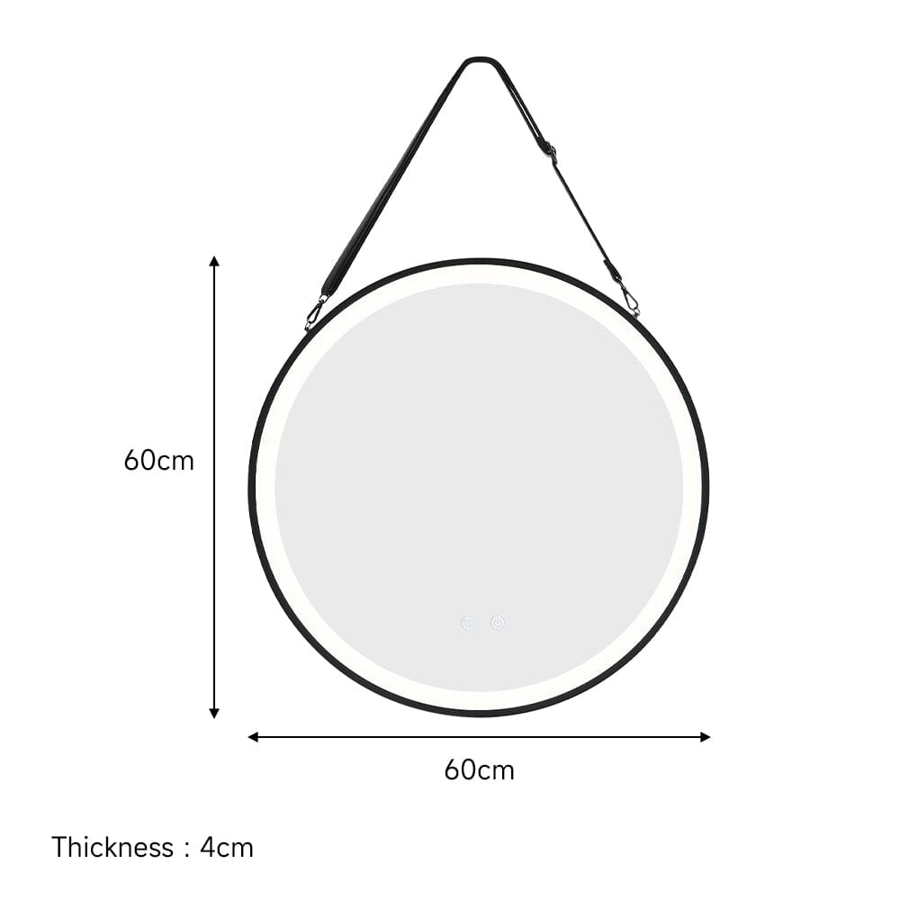مرآة دائرية معدنية بإضاءة LED مع حزام تعليق