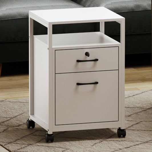 Versatile White Office Cabinet with Lockable Drawers and Mobility