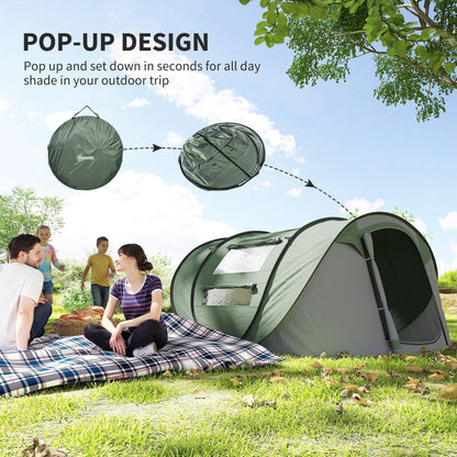 Outsunny 4 Person Pop-up Camping Tent Family Tent with Ground Sheet, 4 Windows and Portable Carry Bag for Beach Outdoor Trip, Dark Green