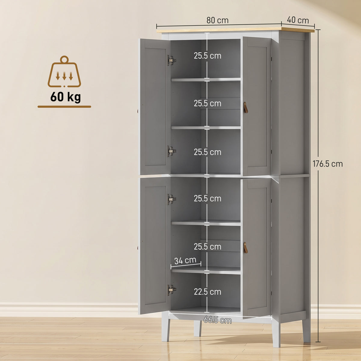 HOMCOM Tall Pantry Cupboard with Motion Sensor LED Light - Grey