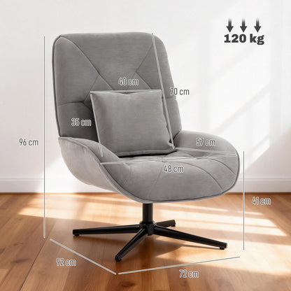 HOMCOM Accent Chair, Chenille Upholstered Swivel Armchair with Lumbar Pillow, High Back, Deep Seat and Metal Legs, Light Grey