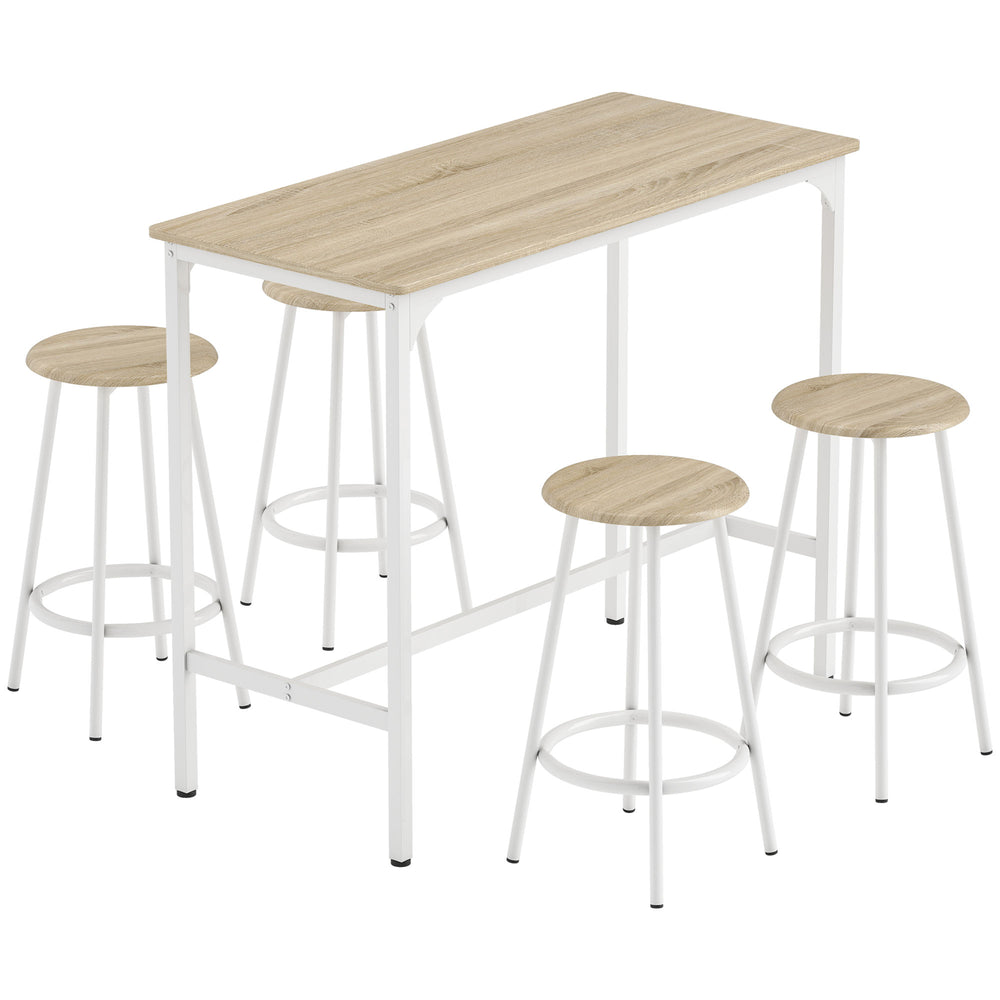 HOMCOM 5 Piece Bar Table Set for 4 with Stools, Metal Frame, Footrest for Kitchen Natural Wood
