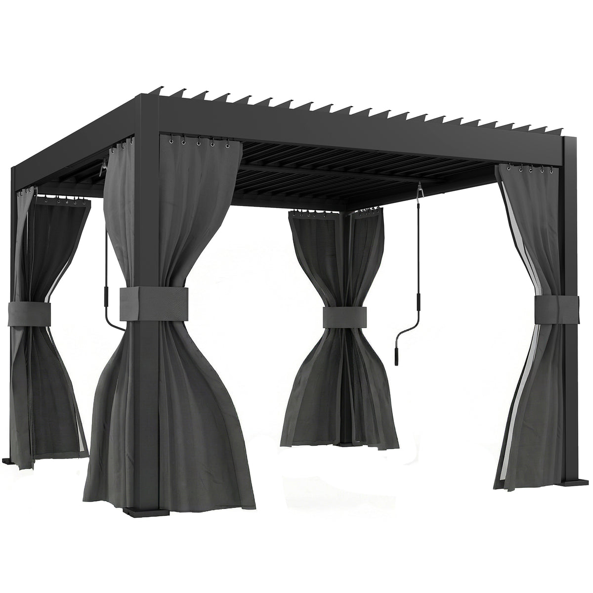 Outsunny 3 x 3 m Louvered Pergola with Adjustable Metal Louvred Roof, Aluminium Patio Gazebo with Netting and Curtains, Dark Grey