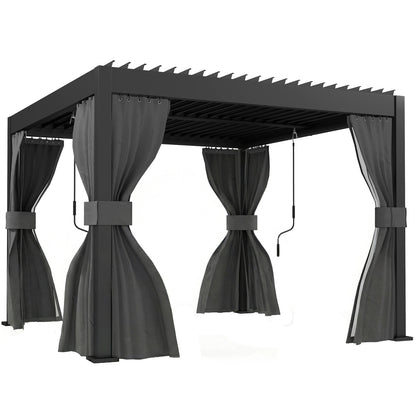 Outsunny 3 x 3 m Louvered Pergola with Adjustable Metal Louvred Roof, Aluminium Patio Gazebo with Netting and Curtains, Dark Grey