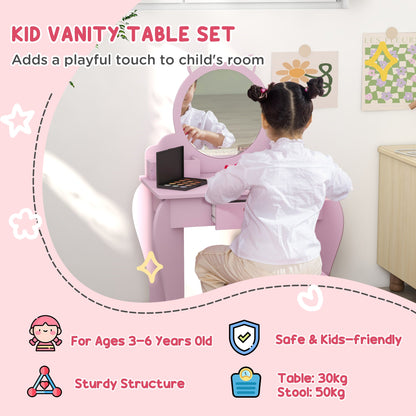 ZONEKIZ Kids Vanity Table with Mirror and Stool, Cat Design, Drawer, Storage Boxes, for 3-6 Years Old - Pink